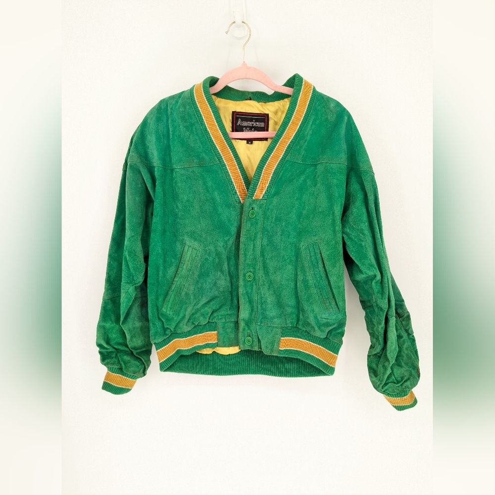Vintage 90s Green Suede Leather Varsity Jacket Mens Size Medium Retro FLAW